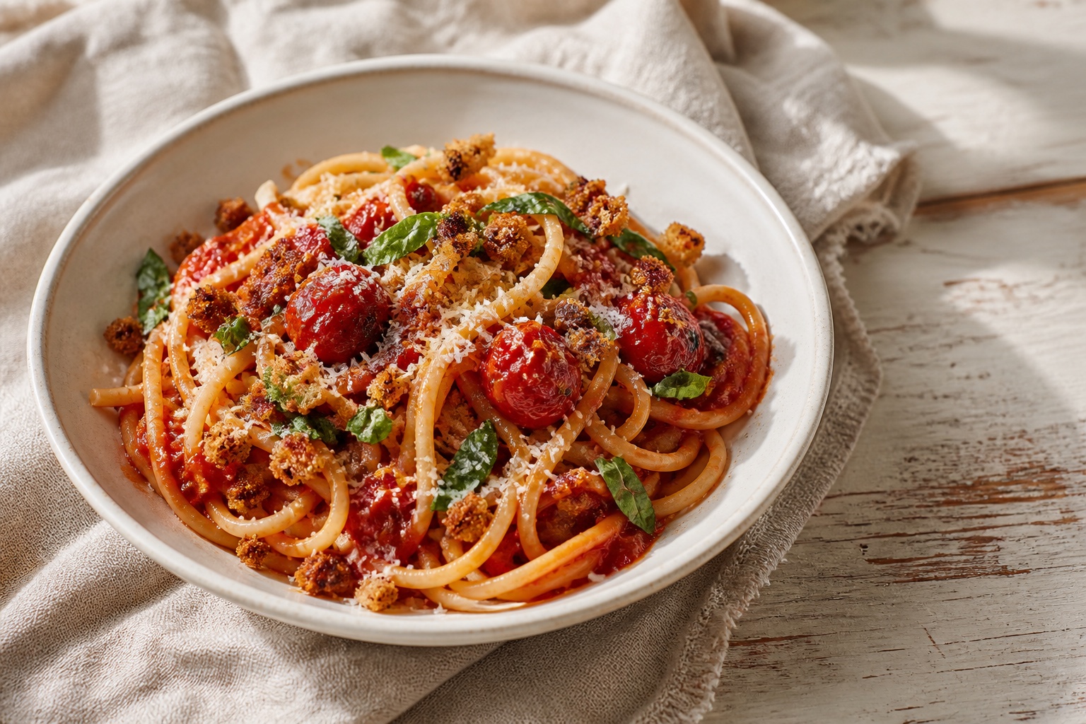 Tomato pasta with basil and toasted breadcrumbs